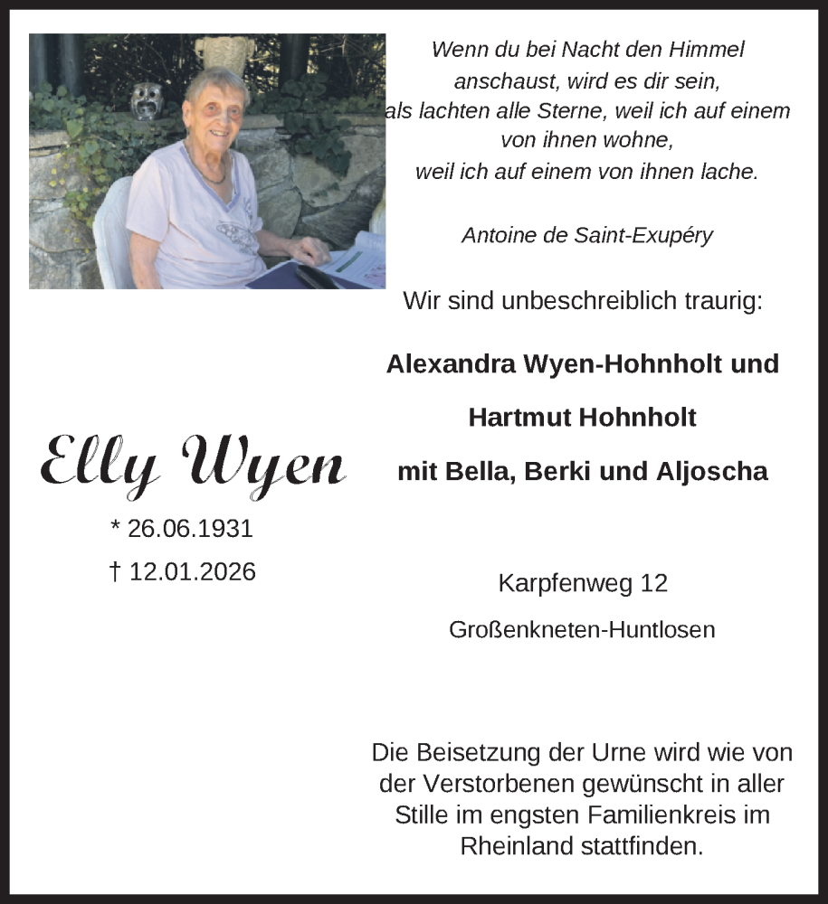  Traueranzeige für Elly Wyen vom 20.01.2026 aus Nordwest-Zeitung