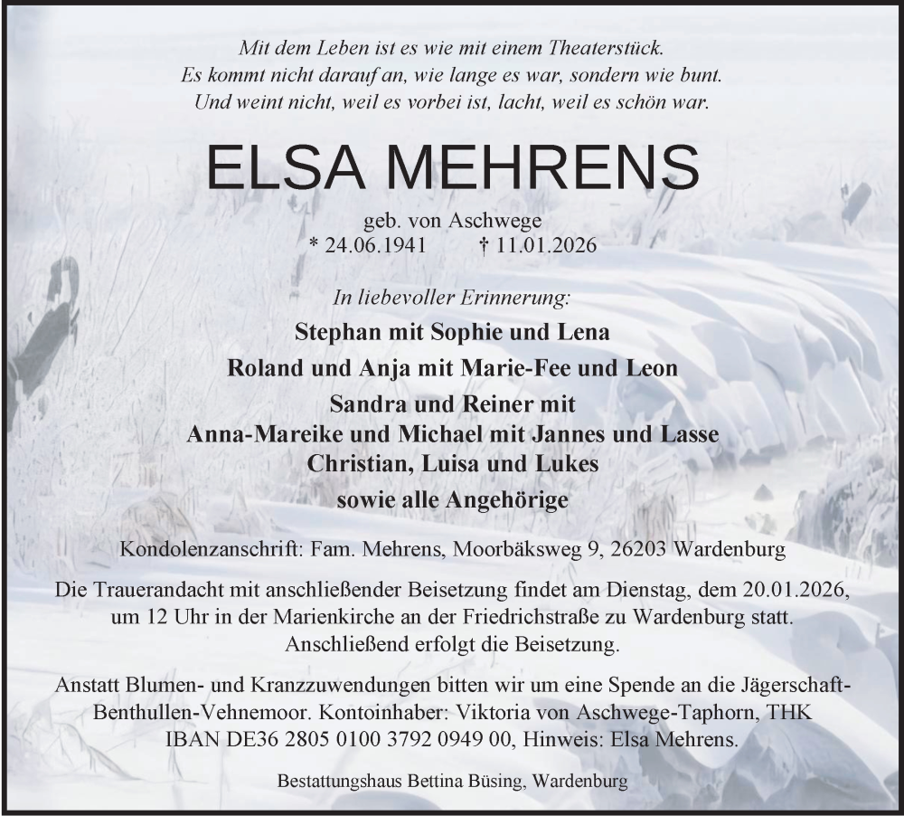  Traueranzeige für Elsa Mehrens vom 15.01.2026 aus Nordwest-Zeitung