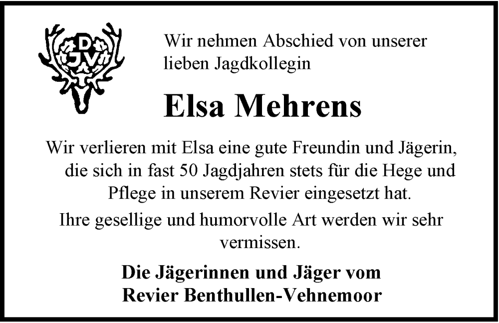  Traueranzeige für Elsa Mehrens vom 15.01.2026 aus Nordwest-Zeitung
