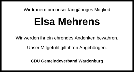 Traueranzeige von Elsa Mehrens von Nordwest-Zeitung