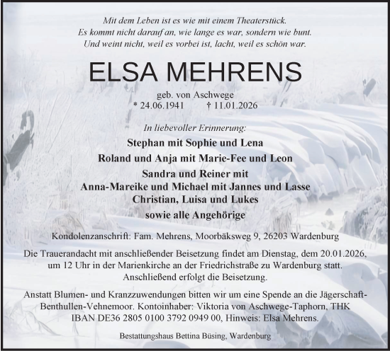 Traueranzeige von Elsa Mehrens von Nordwest-Zeitung