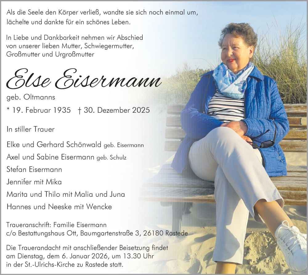  Traueranzeige für Else Eisermann vom 03.01.2026 aus Nordwest-Zeitung