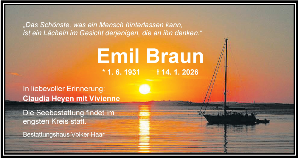  Traueranzeige für Emil Braun vom 24.01.2026 aus WZ/JW/AH