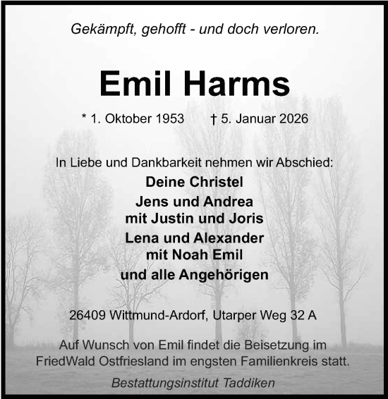 Traueranzeige von Emil Harms von WZ/JW/AH