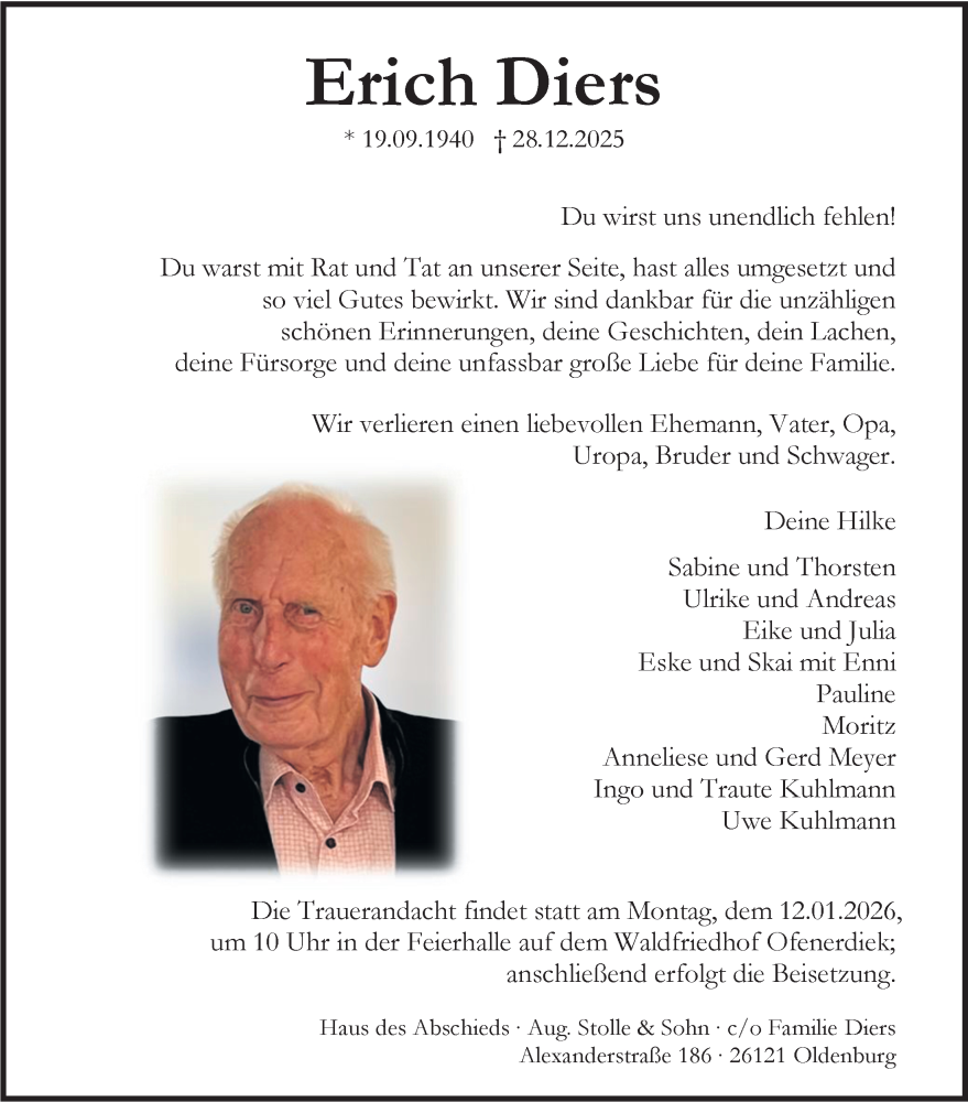  Traueranzeige für Erich Diers vom 03.01.2026 aus Nordwest-Zeitung