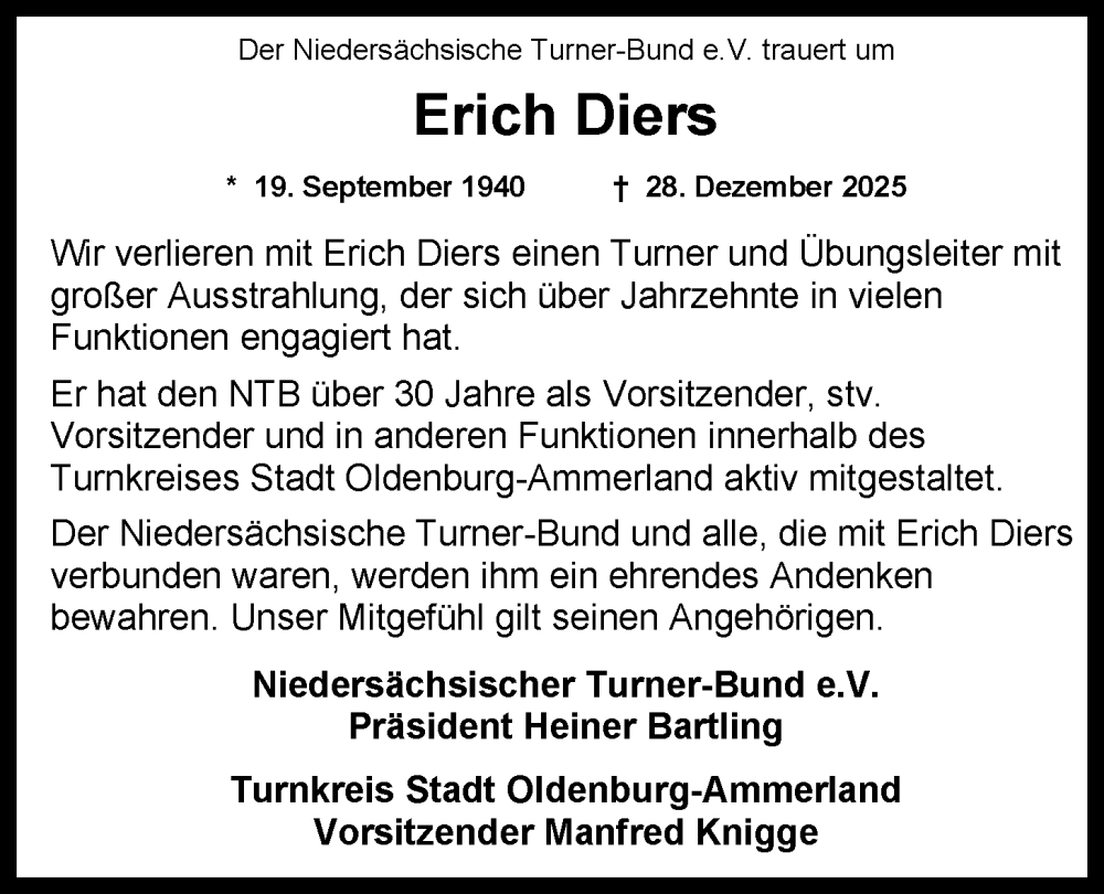  Traueranzeige für Erich Diers vom 09.01.2026 aus Nordwest-Zeitung