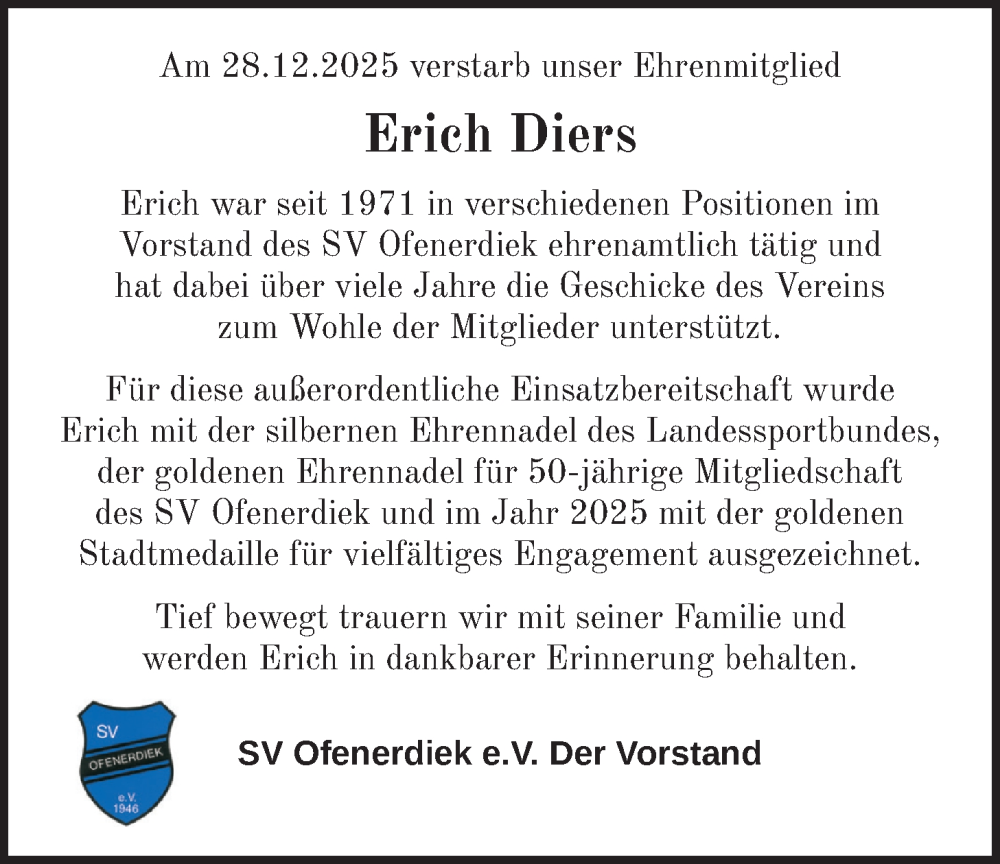  Traueranzeige für Erich Diers vom 09.01.2026 aus Nordwest-Zeitung