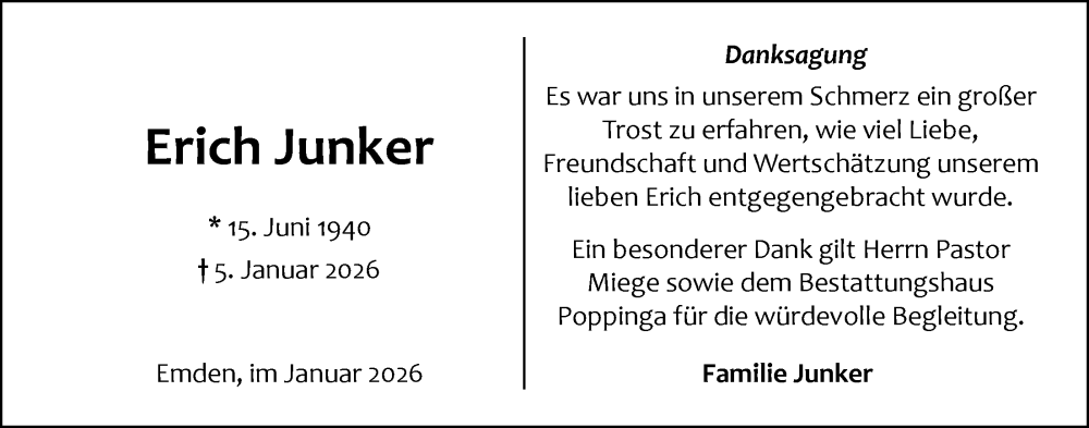  Traueranzeige für Erich Junker vom 31.01.2026 aus Emder Zeitung