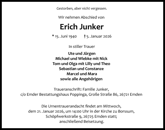 Traueranzeige von Erich Junker von Emder Zeitung