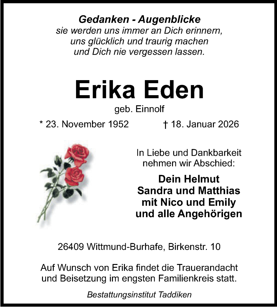  Traueranzeige für Erika Eden vom 21.01.2026 aus WZ/JW/AH