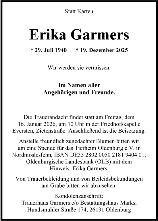 Traueranzeige von Erika Garmers von Nordwest-Zeitung