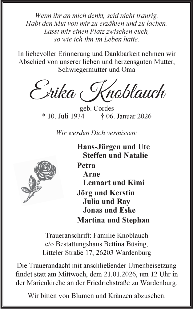  Traueranzeige für Erika Knoblauch vom 17.01.2026 aus Nordwest-Zeitung