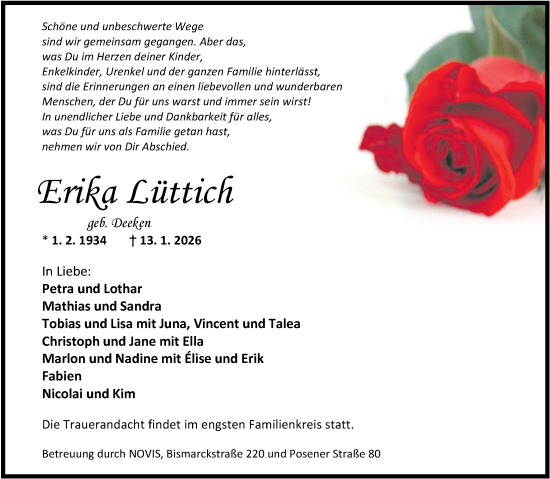 Traueranzeige von Erika Lüttich von WZ/JW/AH