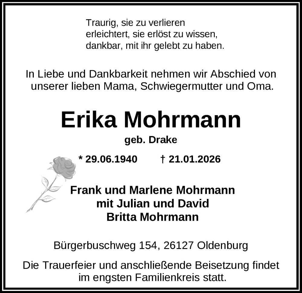  Traueranzeige für Erika Mohrmann vom 31.01.2026 aus Nordwest-Zeitung