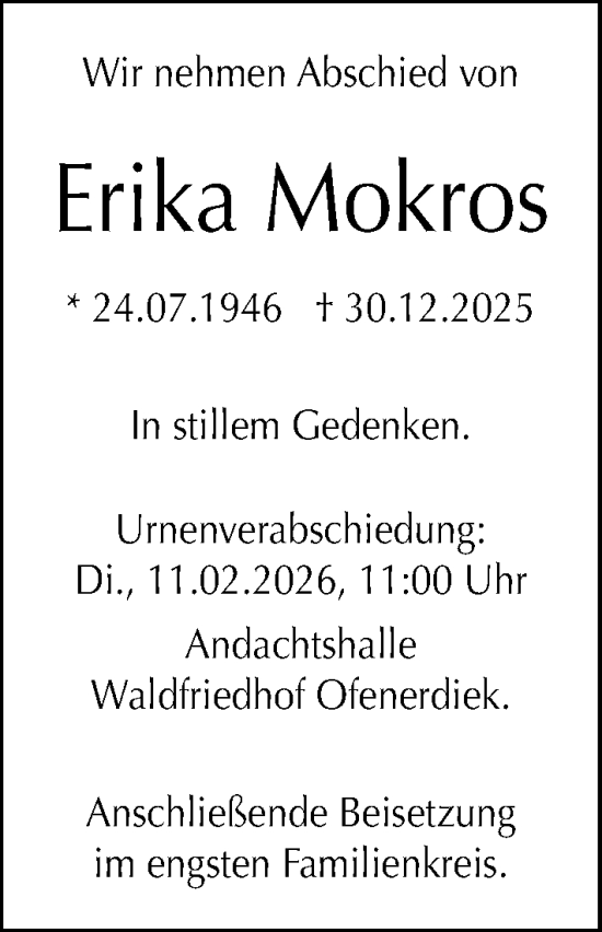 Traueranzeige von Erika Mokros von Nordwest-Zeitung