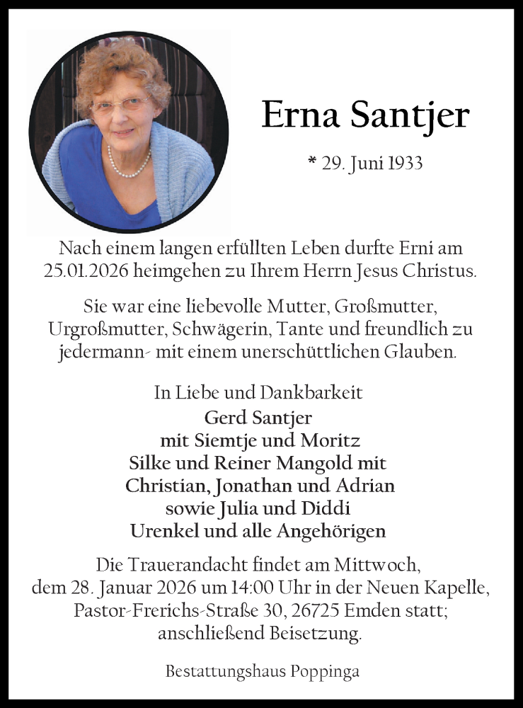 Traueranzeige für Erna Santjer vom 27.01.2026 aus Emder Zeitung