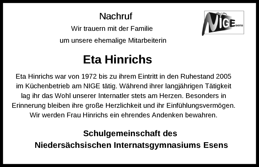  Traueranzeige für Eta Hinrichs vom 21.01.2026 aus WZ/JW/AH
