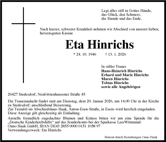 Traueranzeige von Eta Hinrichs von WZ/JW/AH