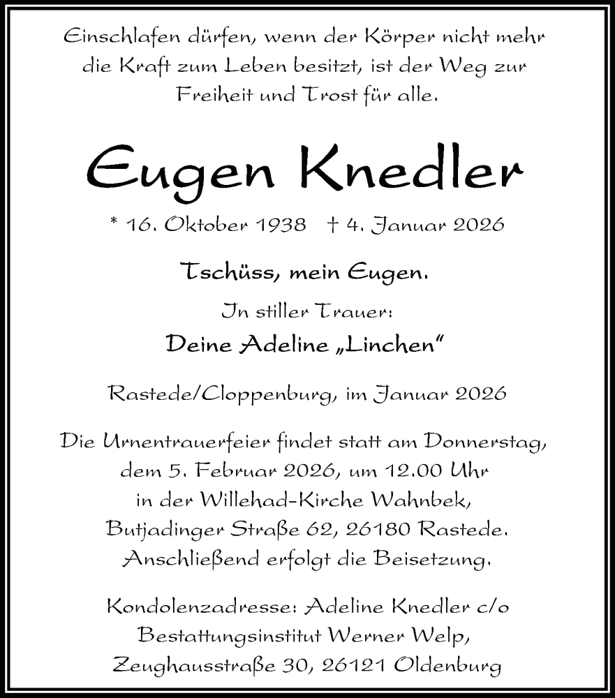 Traueranzeige für Eugen Knedler vom 31.01.2026 aus Nordwest-Zeitung