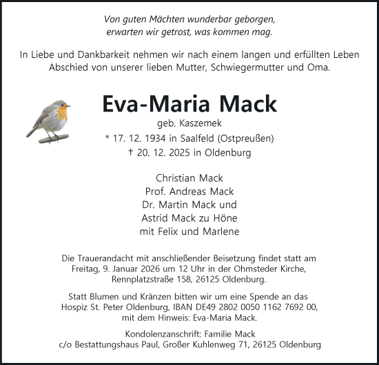 Traueranzeige von Eva-Maria Mack von Nordwest-Zeitung