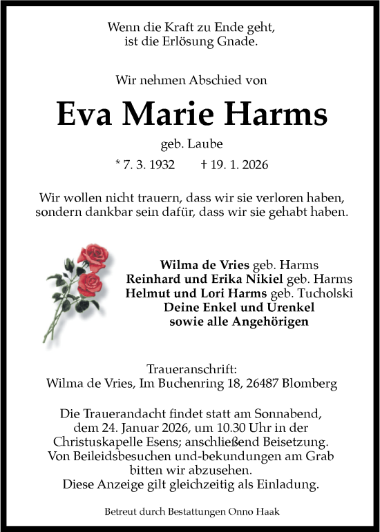 Traueranzeige von Eva Marie Harms von WZ/JW/AH