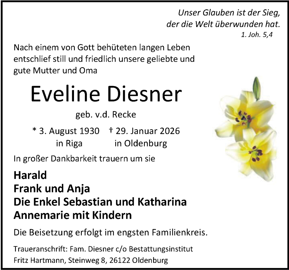  Traueranzeige für Eveline Diesner vom 31.01.2026 aus Nordwest-Zeitung