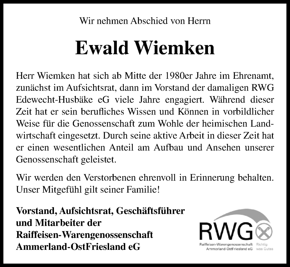  Traueranzeige für Ewald Wiemken vom 17.01.2026 aus Nordwest-Zeitung