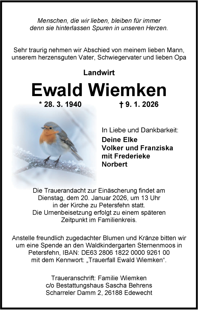  Traueranzeige für Ewald Wiemken vom 14.01.2026 aus Nordwest-Zeitung