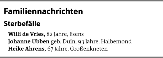 Traueranzeige von EZ Familiennachrichten von Emder Zeitung