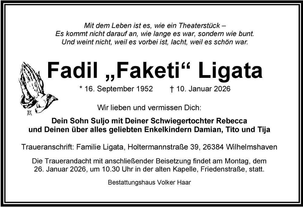  Traueranzeige für Fadil Ligata vom 24.01.2026 aus WZ/JW/AH