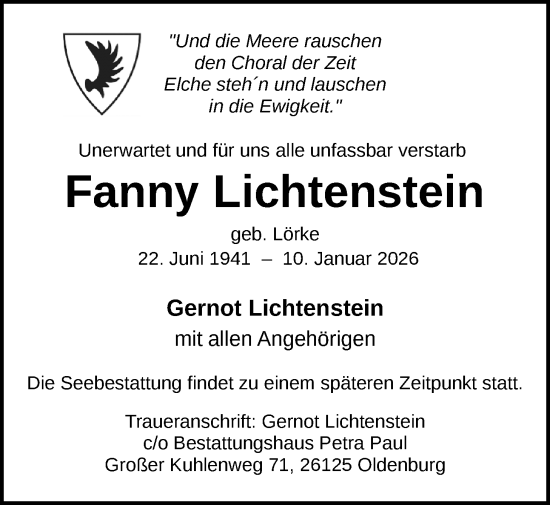 Traueranzeige von Fanny Lichtenstein von Nordwest-Zeitung