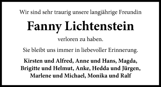 Traueranzeige von Fanny Lichtenstein von Nordwest-Zeitung