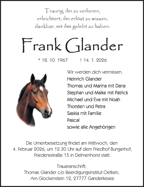Traueranzeige von Frank Glander von Nordwest-Zeitung