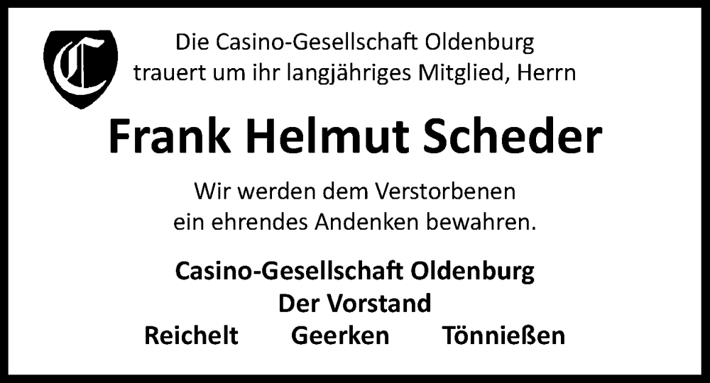  Traueranzeige für Frank Helmut Scheder vom 16.01.2026 aus Nordwest-Zeitung