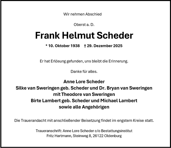 Traueranzeige von Frank Helmut Scheder von Nordwest-Zeitung
