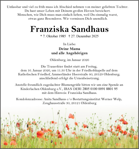 Traueranzeige von Franziska Sandhaus von Nordwest-Zeitung