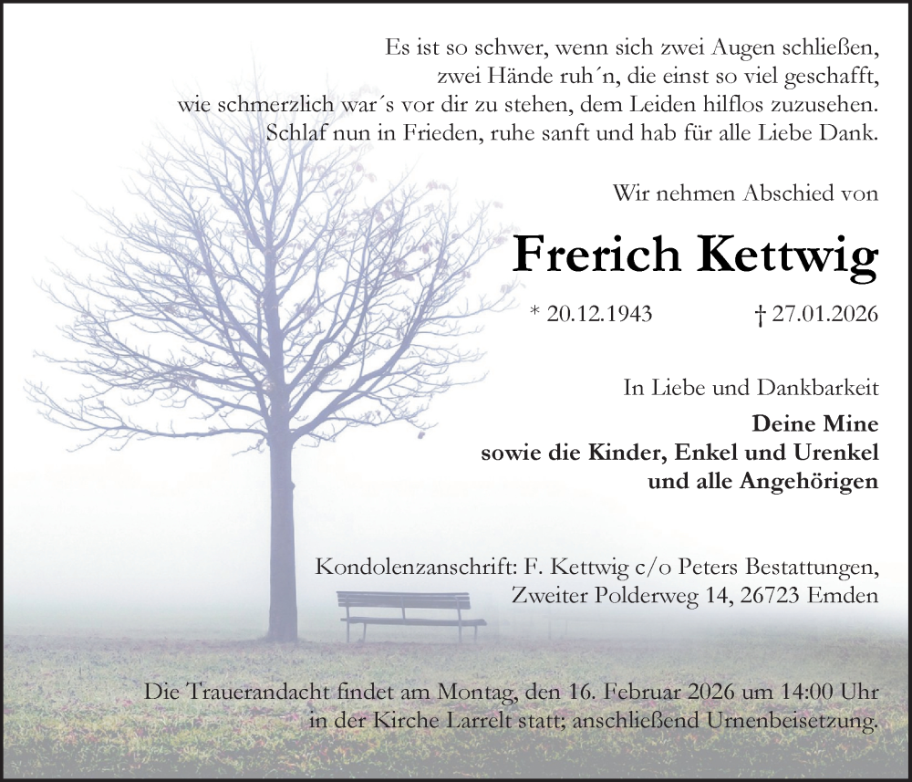  Traueranzeige für Frerich Kettwig vom 31.01.2026 aus Emder Zeitung