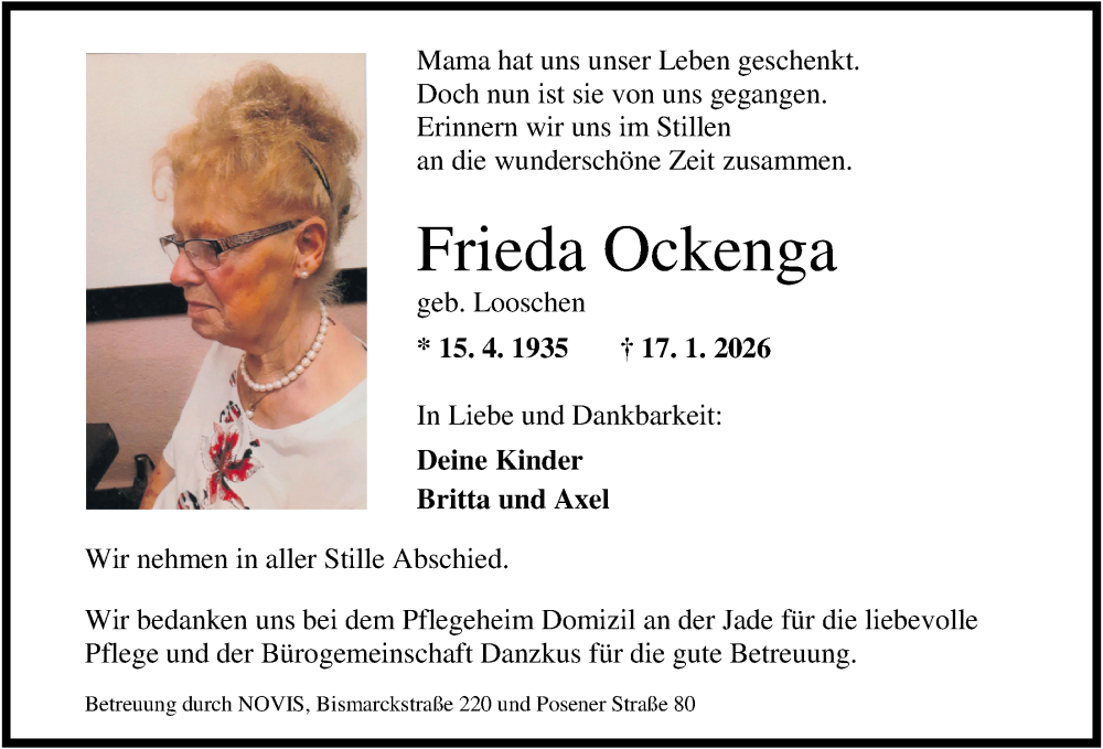  Traueranzeige für Frieda Ockenga vom 24.01.2026 aus WZ/JW/AH