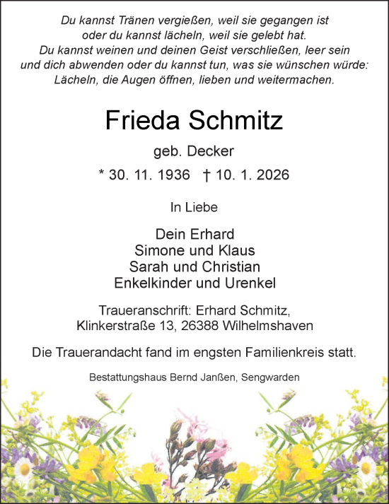 Traueranzeige von Frieda Schmitz von WZ/JW/AH