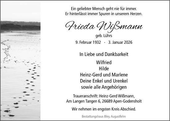 Traueranzeige von Frieda Wißmann von Nordwest-Zeitung