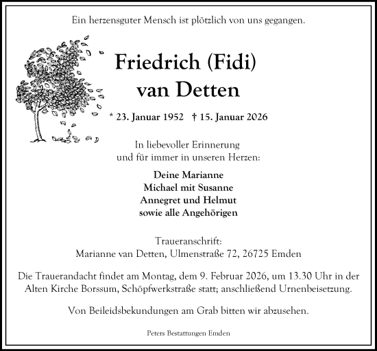 Traueranzeige von Friedrich van Detten von Emder Zeitung
