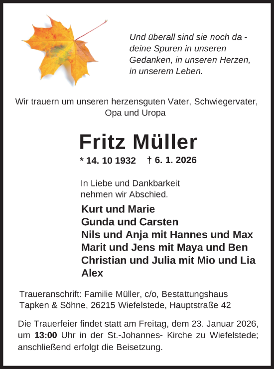 Traueranzeige von Fritz Müller von Nordwest-Zeitung