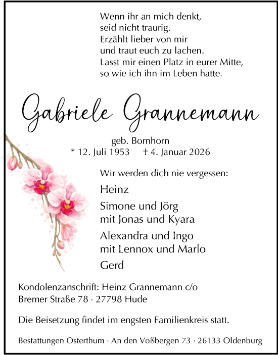 Traueranzeige von Gabriele Grannemann von Nordwest-Zeitung