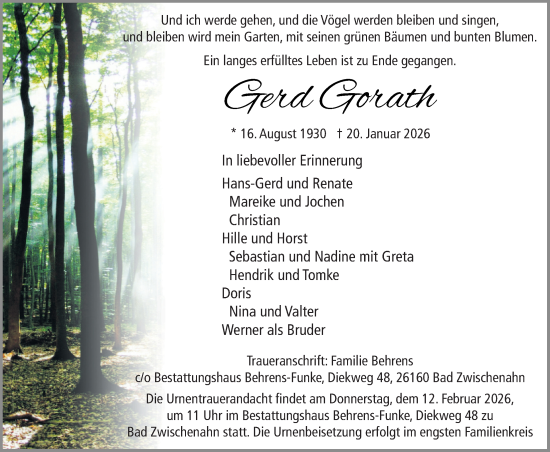 Traueranzeige von Gerd Gorath von Nordwest-Zeitung