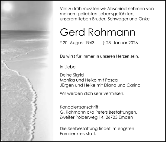 Traueranzeige von Gerd Rohmann von Emder Zeitung