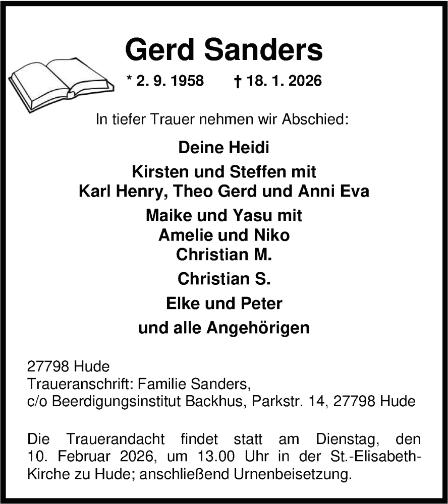  Traueranzeige für Gerd Sanders vom 22.01.2026 aus Nordwest-Zeitung