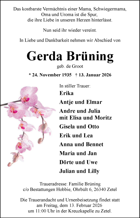Traueranzeige von Gerda Brüning von Nordwest-Zeitung