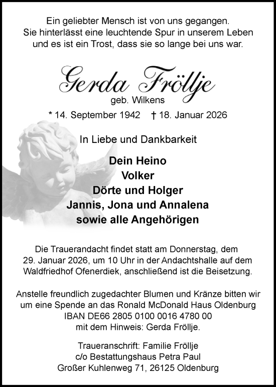 Traueranzeige von Gerda Fröllje von Nordwest-Zeitung