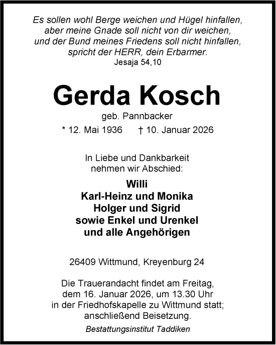 Traueranzeige von Gerda Kosch von WZ/JW/AH