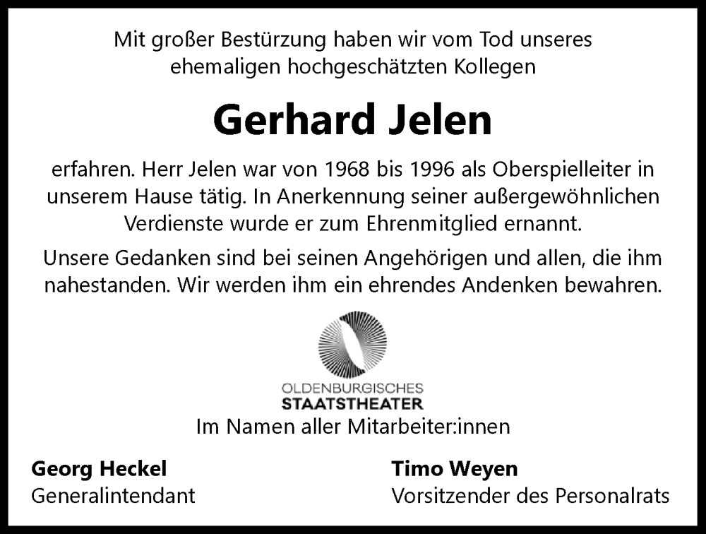  Traueranzeige für Gerhard Jelen vom 31.01.2026 aus Nordwest-Zeitung